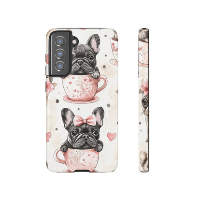 French Bulldogs in Teacups Samsung Galaxy Case – Cute Dog Design with Hearts & Bows, Shockproof & Slim