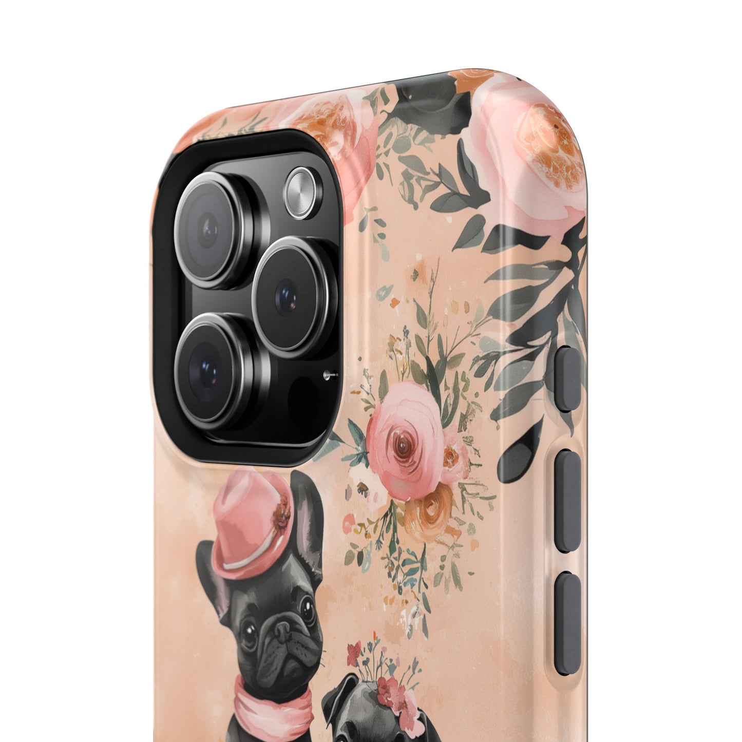 Floral French Bulldogs MagSafe iPhone Case – Elegant Dog Design with Tea Cups & Roses, Shockproof Protection