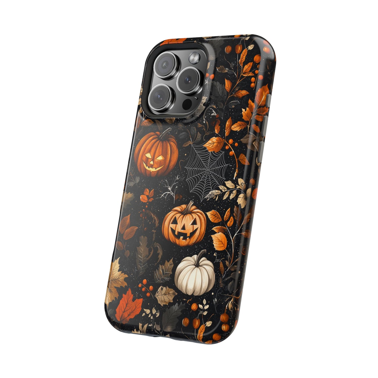 Elegant Halloween MagSafe iPhone Case – Pumpkin Jack-o'-Lanterns, Cobwebs & Autumn Foliage Design