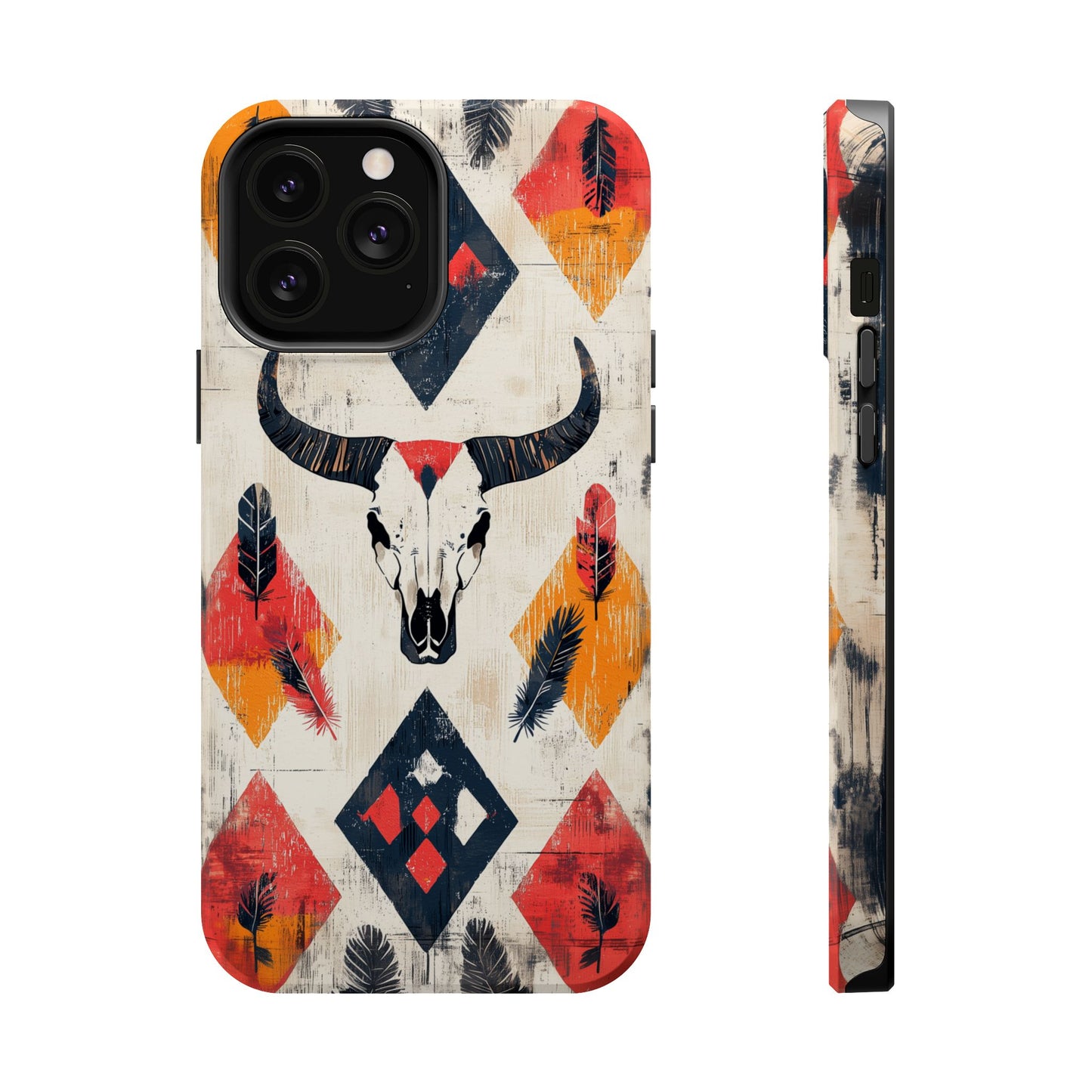 Western Bull Skull & Feathers Tough Mag Safe iPhone Case – Bold Tribal Design, Dual-Layer Protection