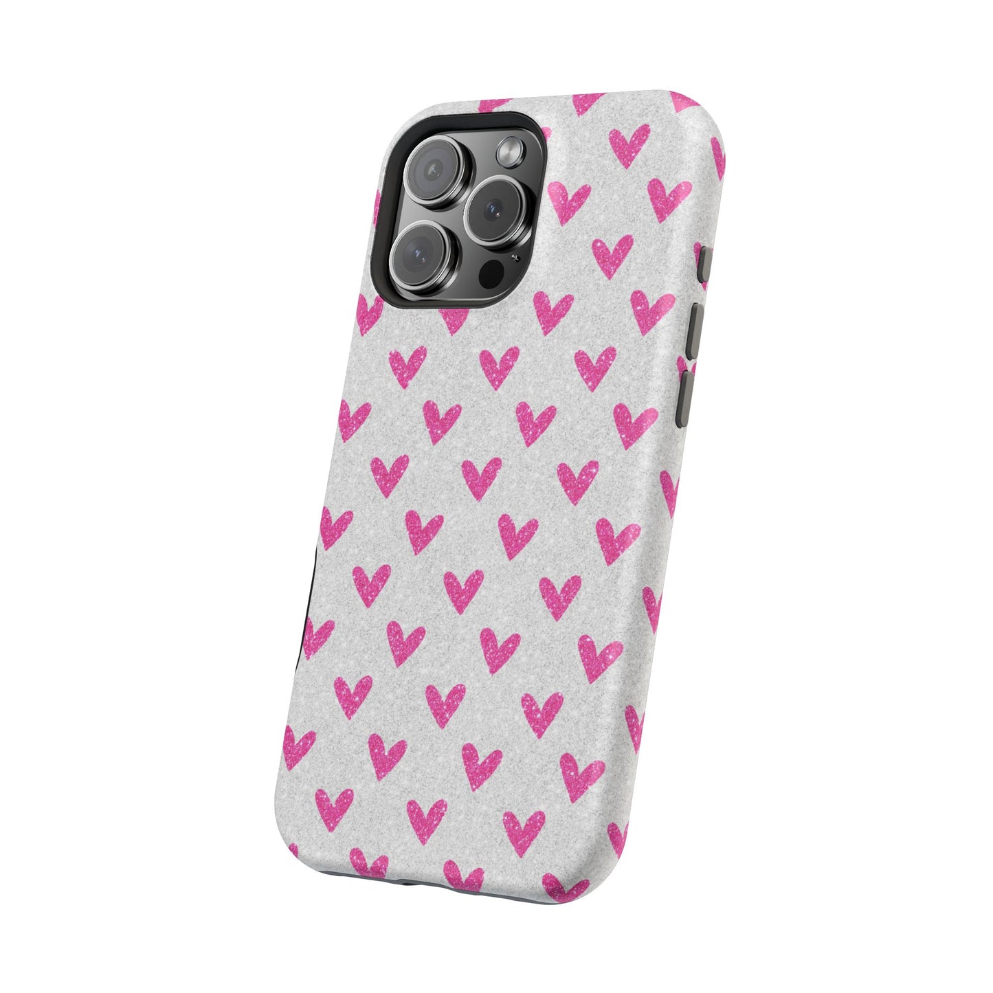 Pink Hearts on Glitter Silver – MagSafe iPhone Case