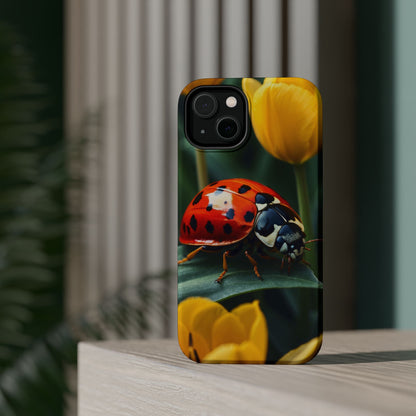 MagSafe iPhone Case: Vibrant Ladybug Amidst a Lush Yellow Flower Garden