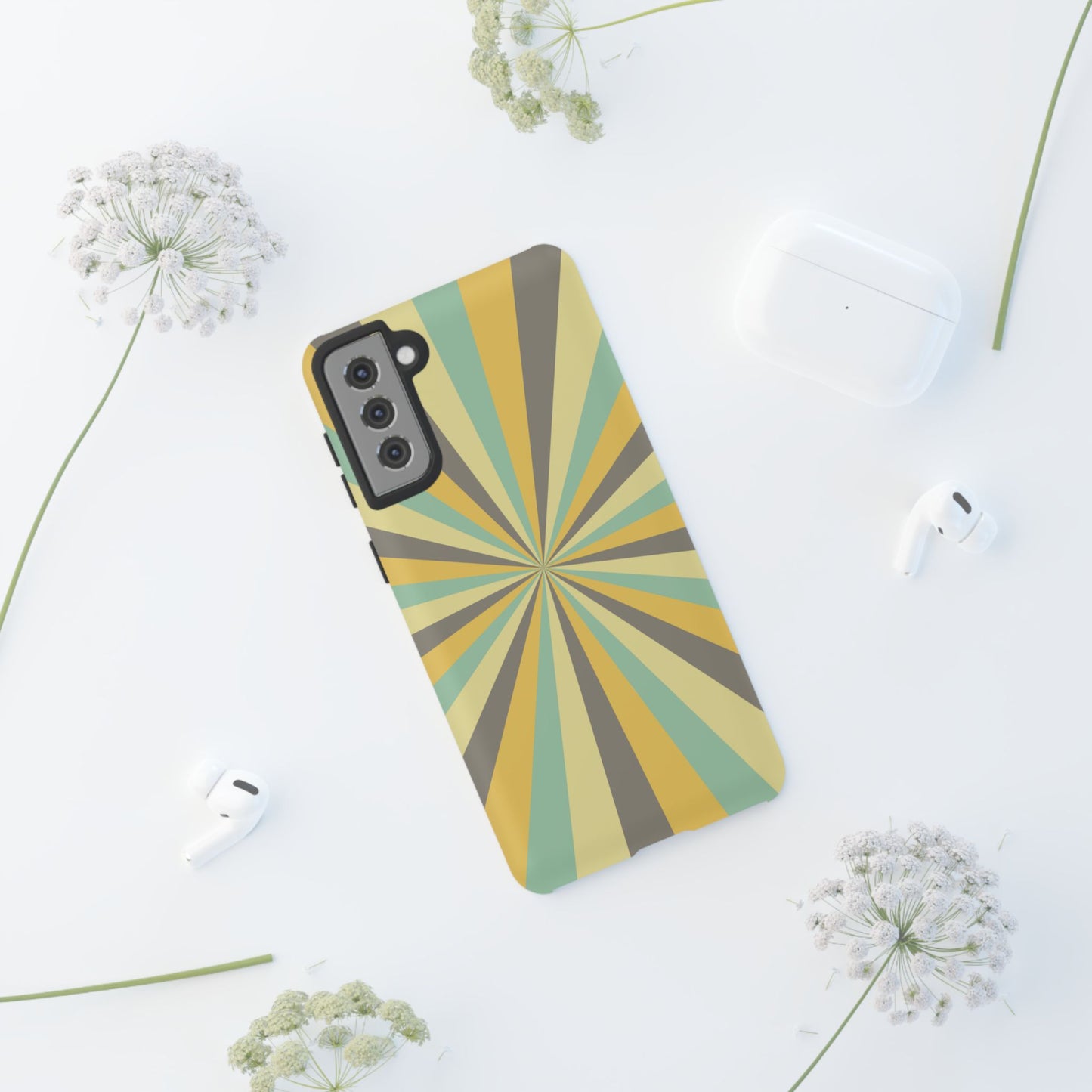 Vintage Sunburst Rays Samsung Galaxy Case – Bold 70s-Inspired Burst in Yellow, Mint, and Gray