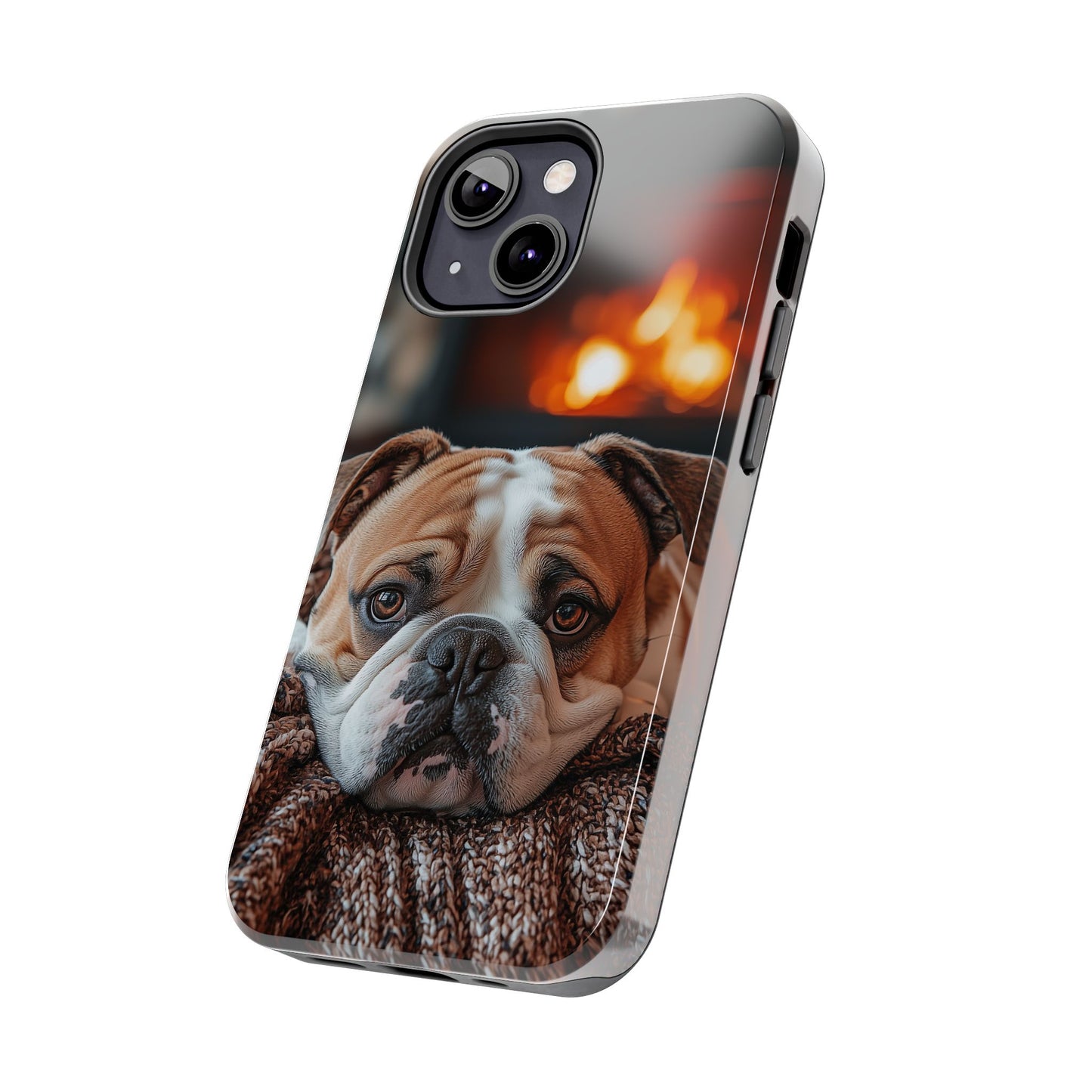 Cozy Bulldog iPhone Case – Fireside-Inspired Protective Cover Description: