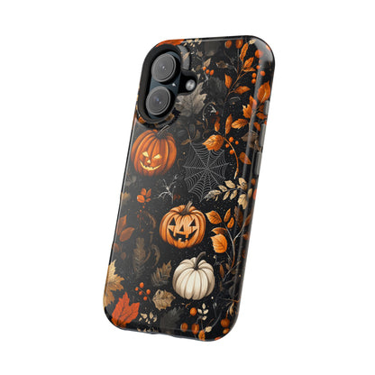 Elegant Halloween MagSafe iPhone Case – Pumpkin Jack-o'-Lanterns, Cobwebs & Autumn Foliage Design