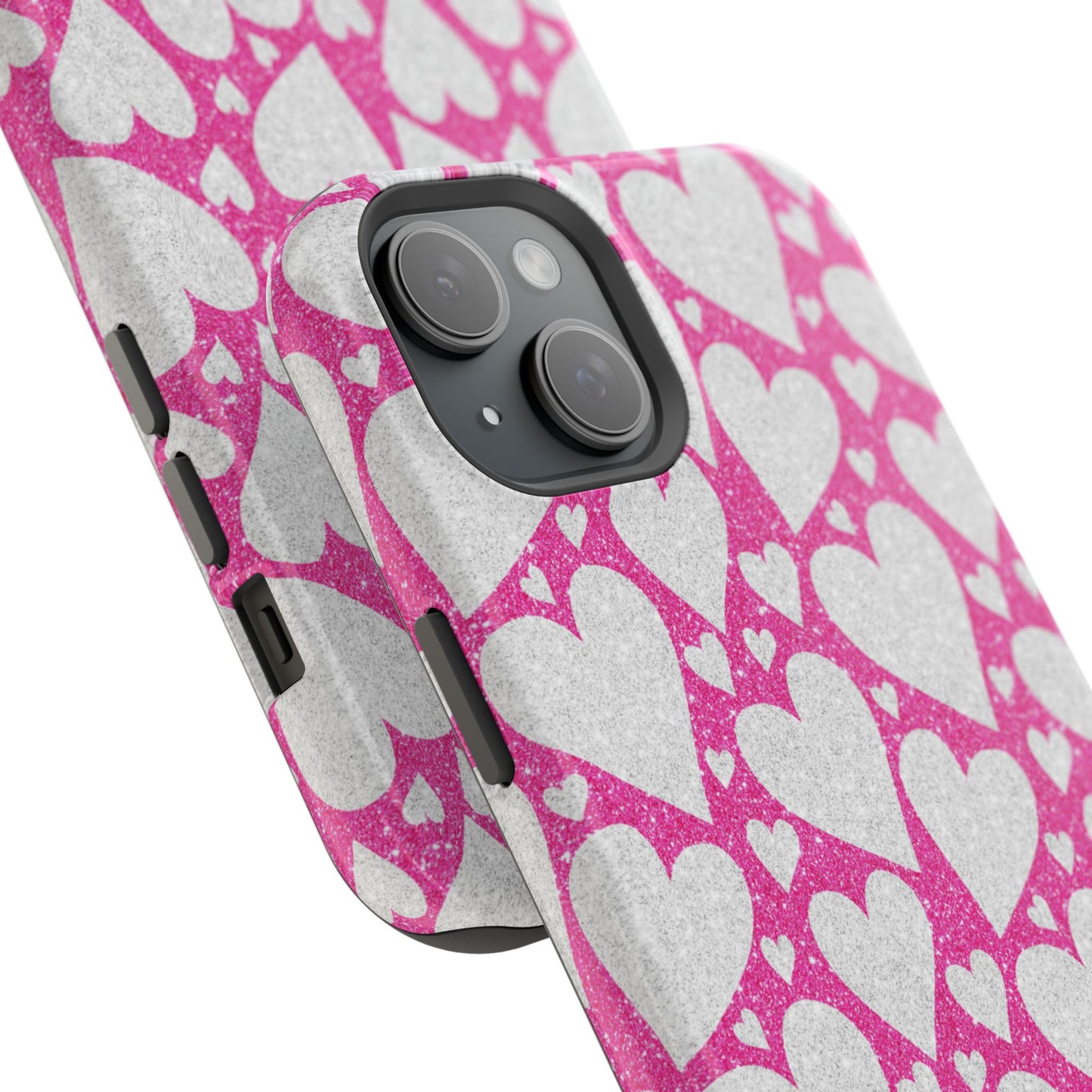 Pink and Silver Glitter Heart Pattern MagSafe Case