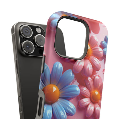 Pastel Daisy 3D MagSafe iPhone Case – Glossy Pink and Blue Floral Design, Full Protection