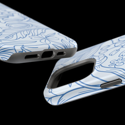 Dusty Blue Floral Line Art Tough MagSafe iPhone Case – Minimalist Botanical Design with Dual-Layer Protection