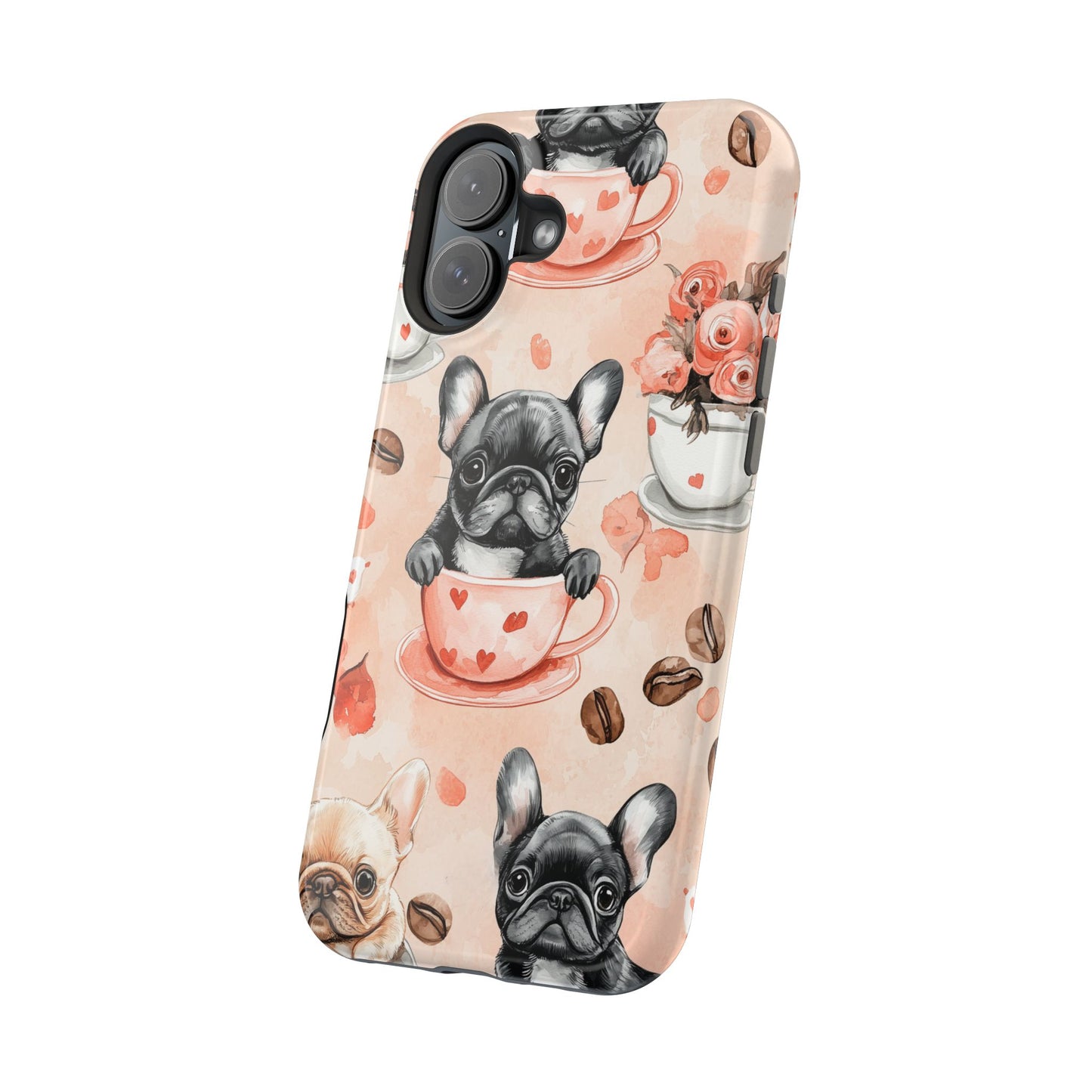 French Bulldogs in Heart Teacups MagSafe iPhone Case – Cute Dog & Floral Design, Shockproof Protection