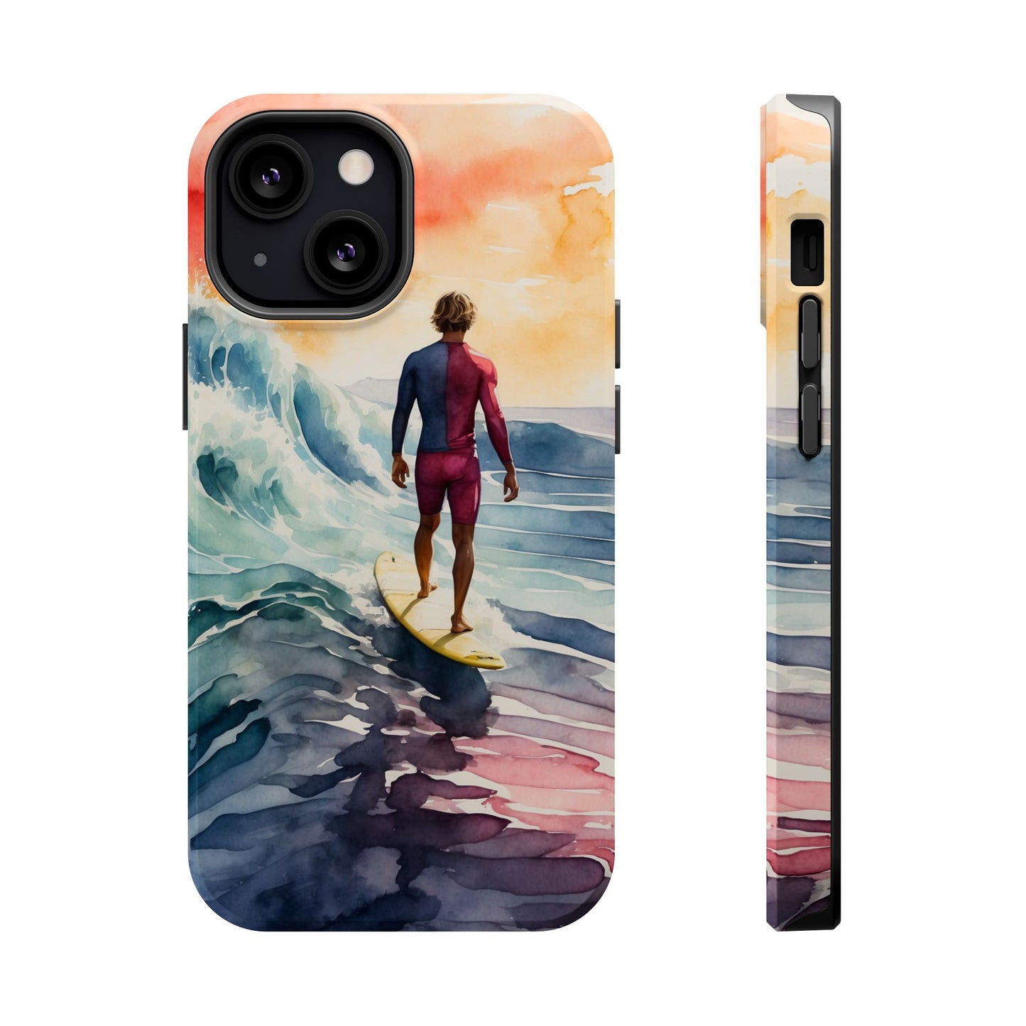 Surfer’s Sunset Wave MagSafe iPhone Case – Vibrant Watercolor Design