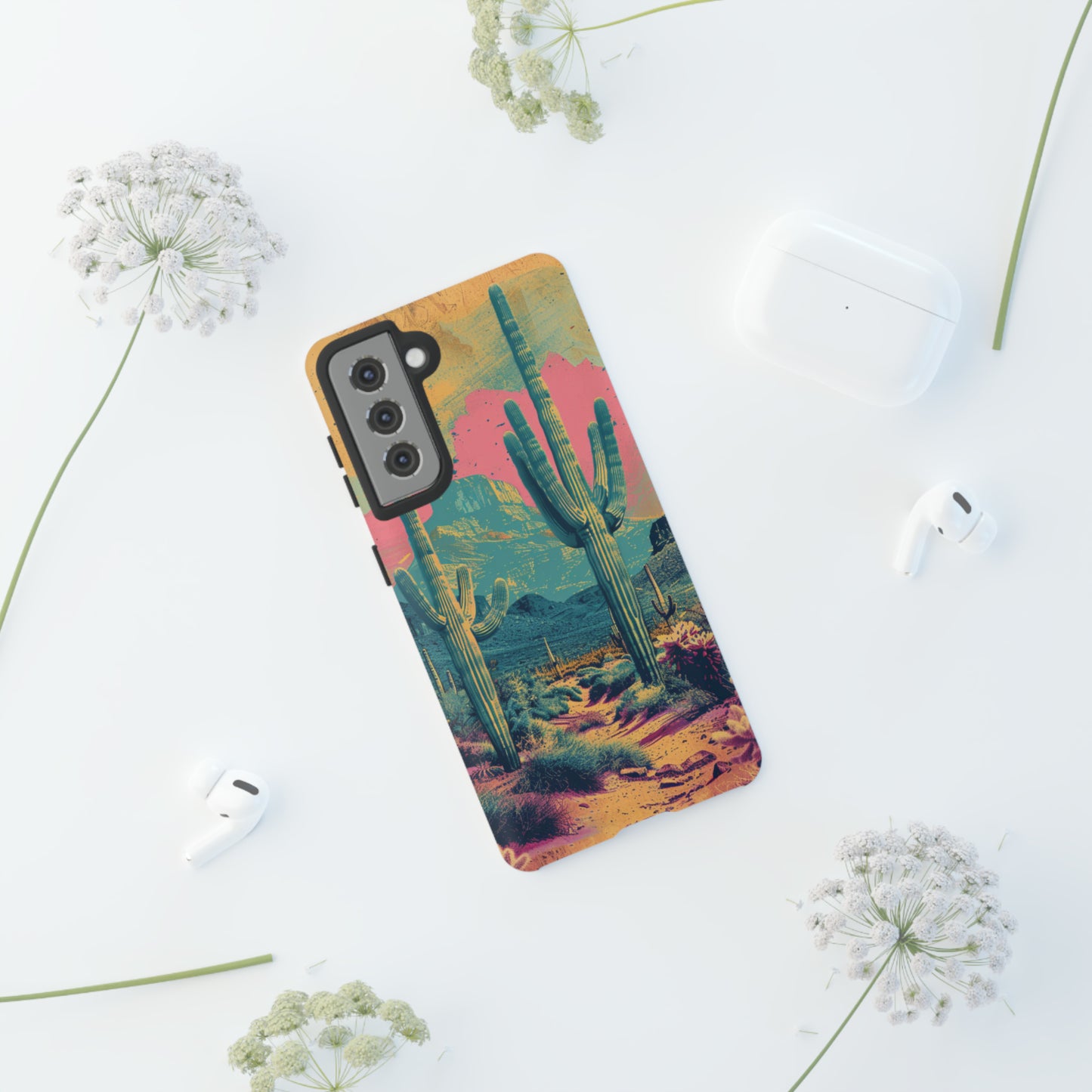 Desert Oasis Retro Cactus Phone Case - Vibrant Sunset Landscape for iPhone 15/14/13/12, Samsung S24/S23/S22/S21, & Google Pixel