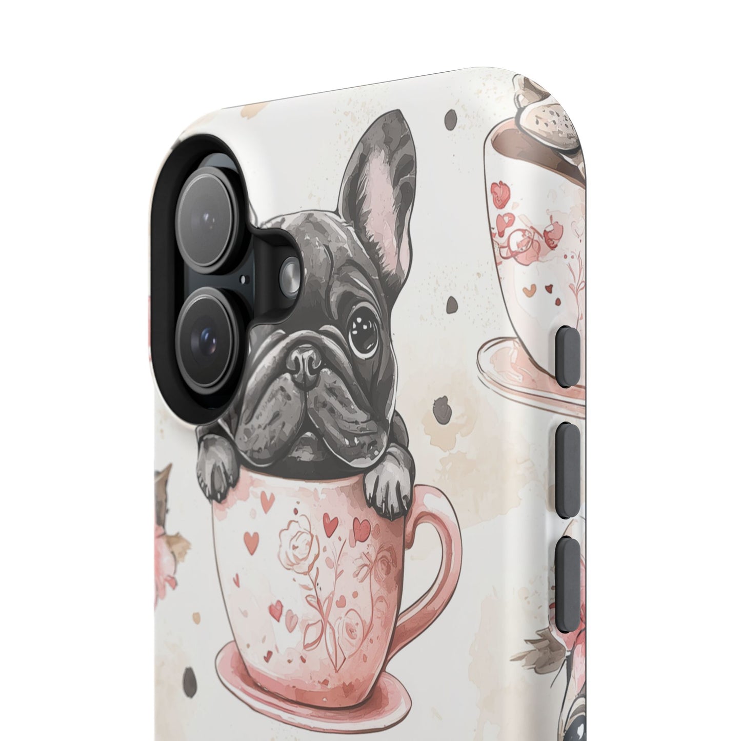 French Bulldogs in Teacups MagSafe iPhone Case – Cute Dog Design with Hearts & Bows, Shockproof & Slim