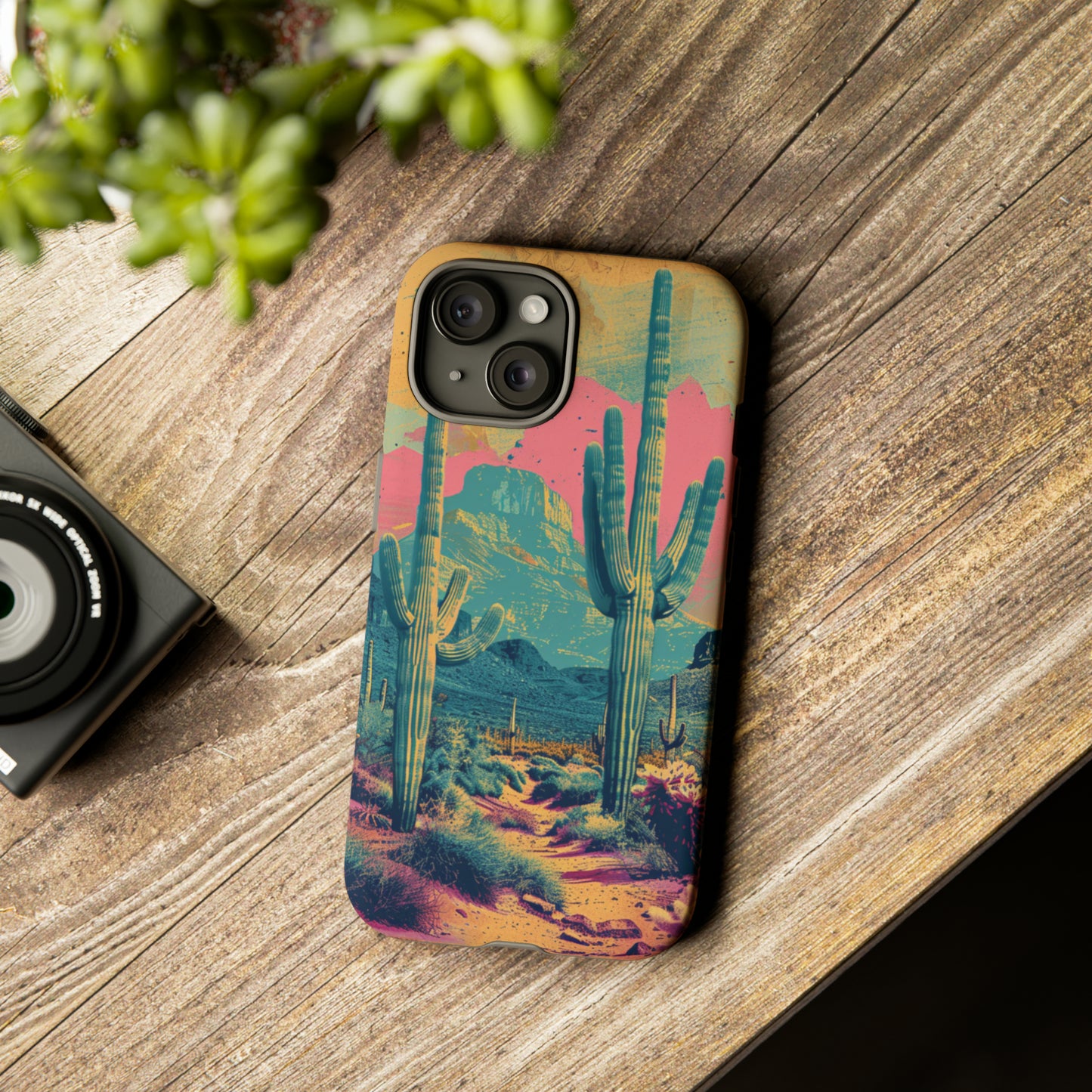 Desert Oasis Retro Cactus Phone Case - Vibrant Sunset Landscape for iPhone 15/14/13/12, Samsung S24/S23/S22/S21, & Google Pixel