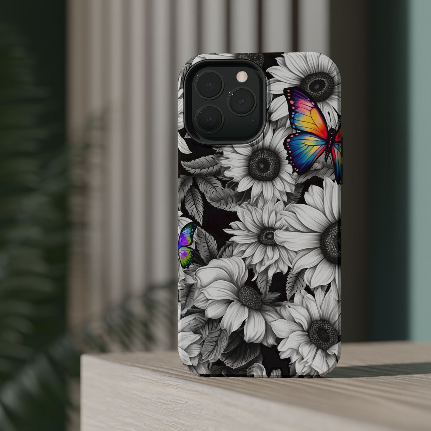 Rainbow Butterflies & Monochrome Sunflowers – MagSafe iPhone Case