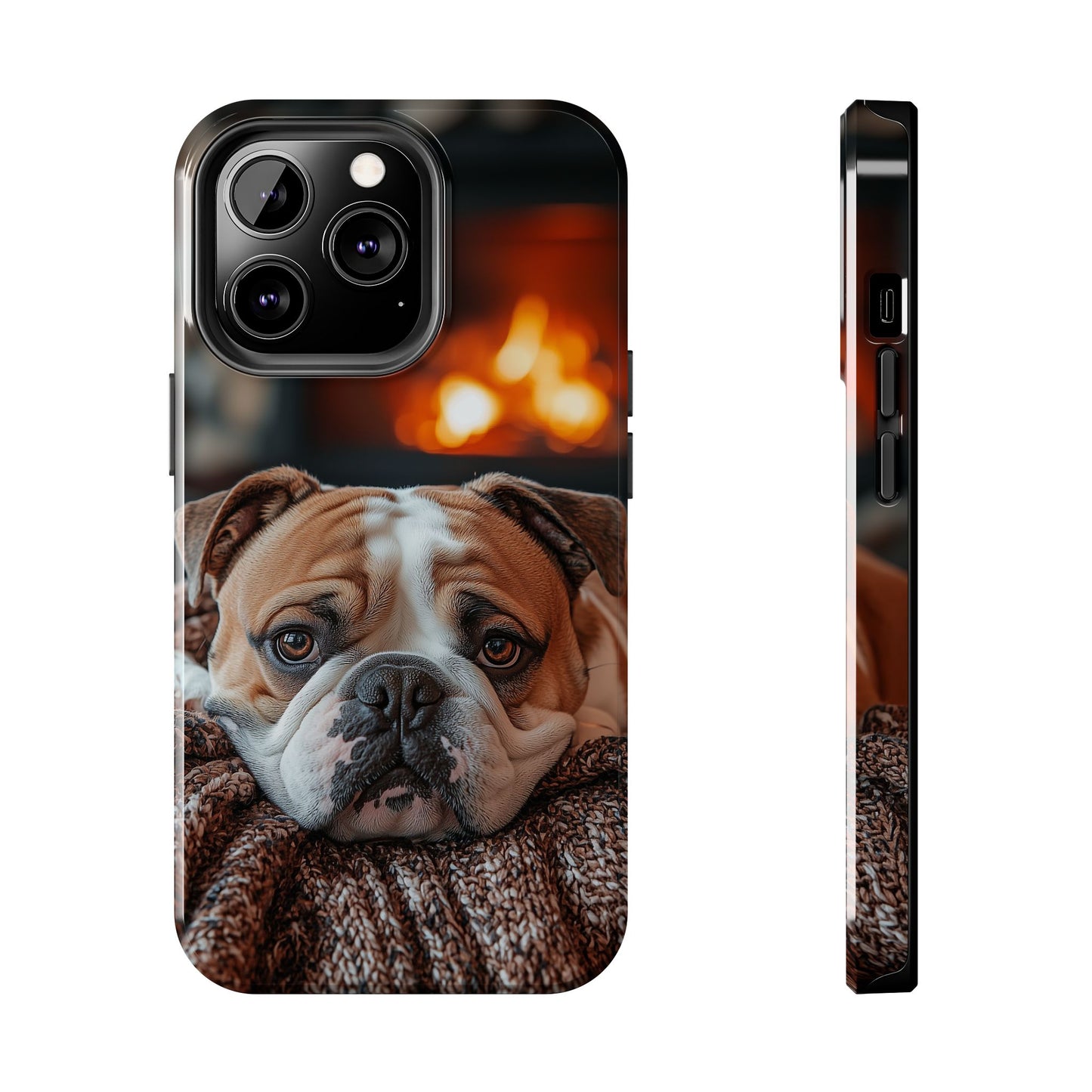 Cozy Bulldog iPhone Case – Fireside-Inspired Protective Cover Description: