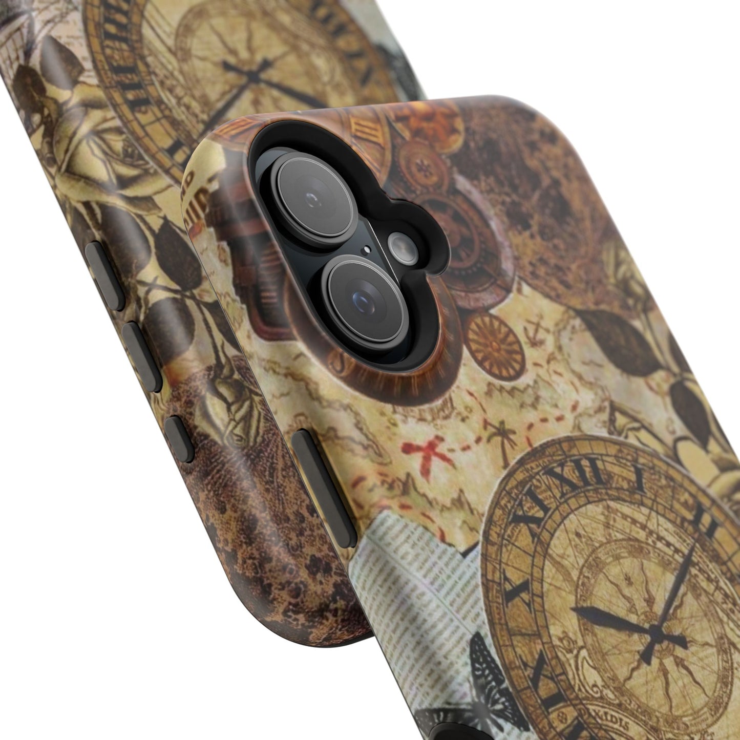 Steampunk Vintage Adventure MagSafe iPhone Case – Dual-Layer Protection with Antique Map and Clock Design