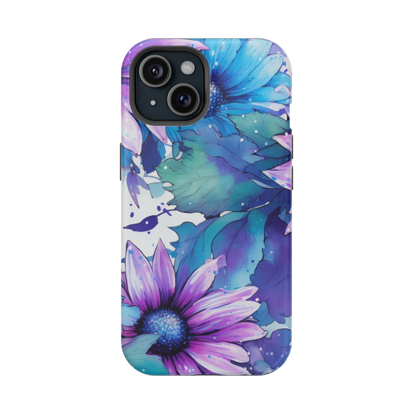 Purple & Teal Watercolor Floral MagSafe iPhone Case - Artistic Flower Design