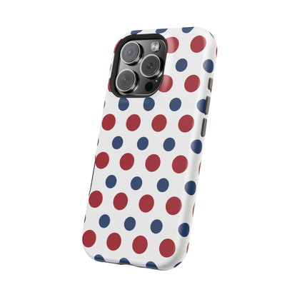 Patriotic Navy, White, and Red Polka Dot MagSafe iPhone Case