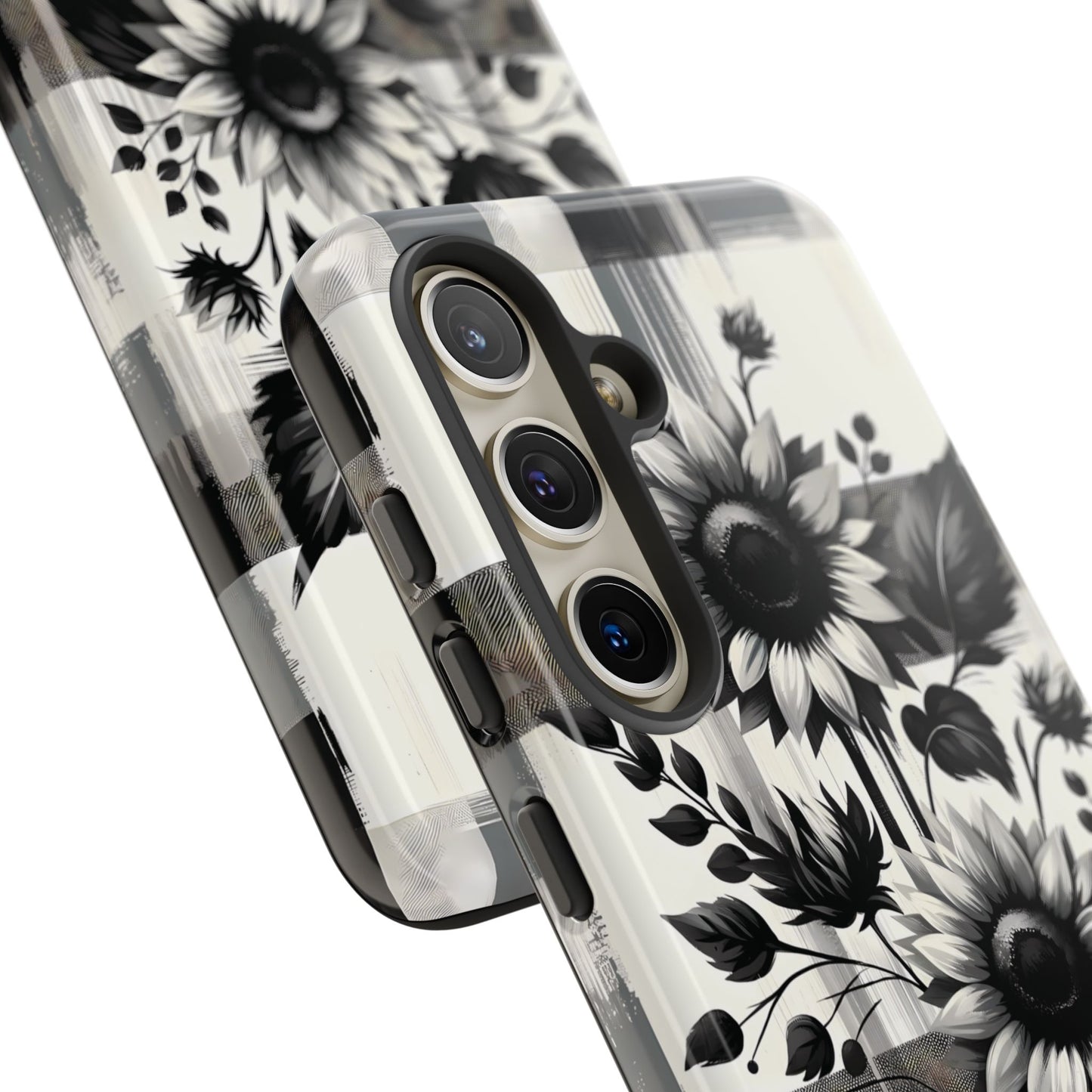 Black/White Sunflower Plaid Phone Case - Chic Noir Sunflower Plaid - Premium Protective Phone Case For iPhone, Samsung Galaxy, & Google. - BOGO Cases