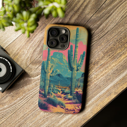 Desert Oasis Retro Cactus Phone Case - Vibrant Sunset Landscape for iPhone 15/14/13/12, Samsung S24/S23/S22/S21, & Google Pixel