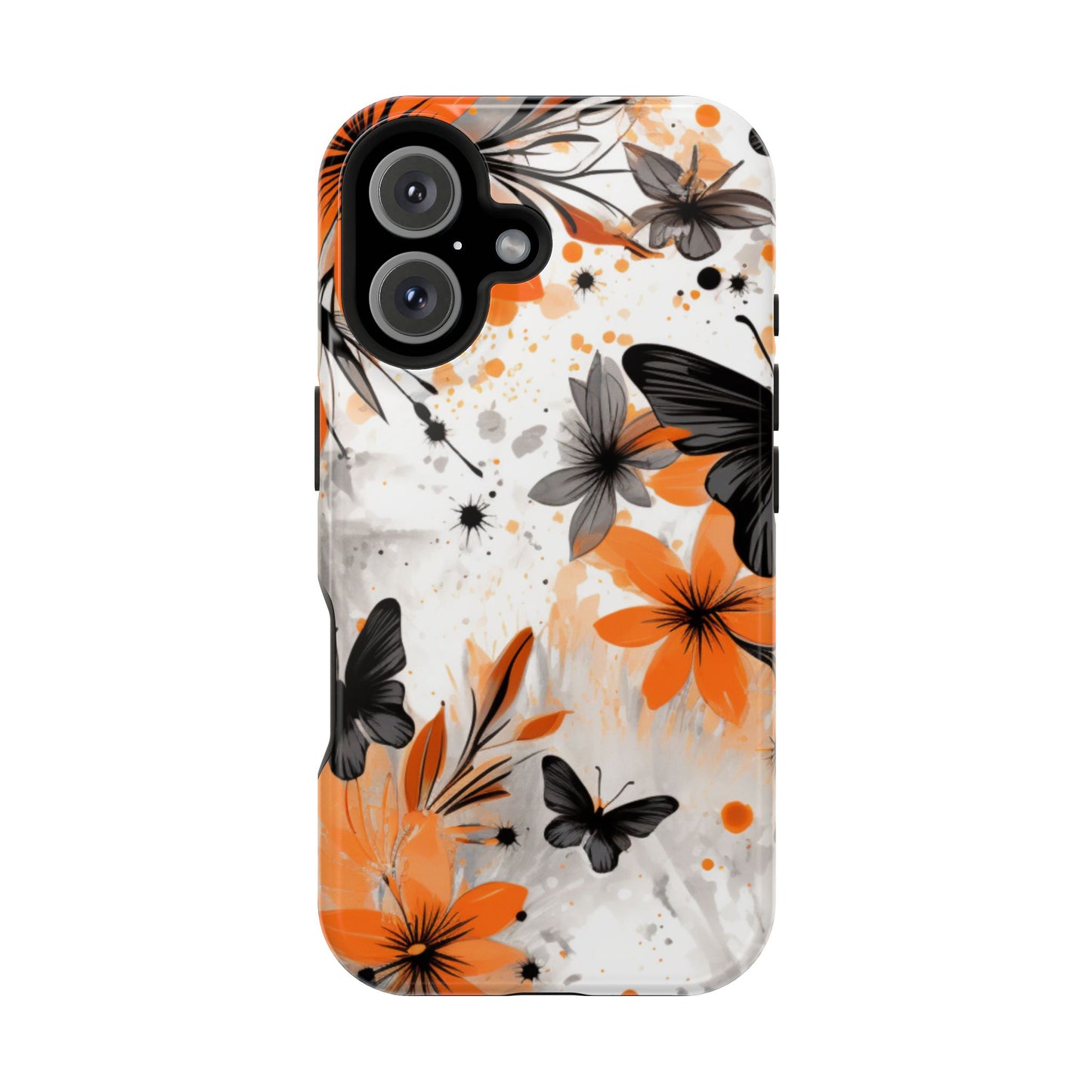 Orange Blossom & Black Butterfly MagSafe iPhone Case – Bold Floral Pattern with Modern Abstract Style