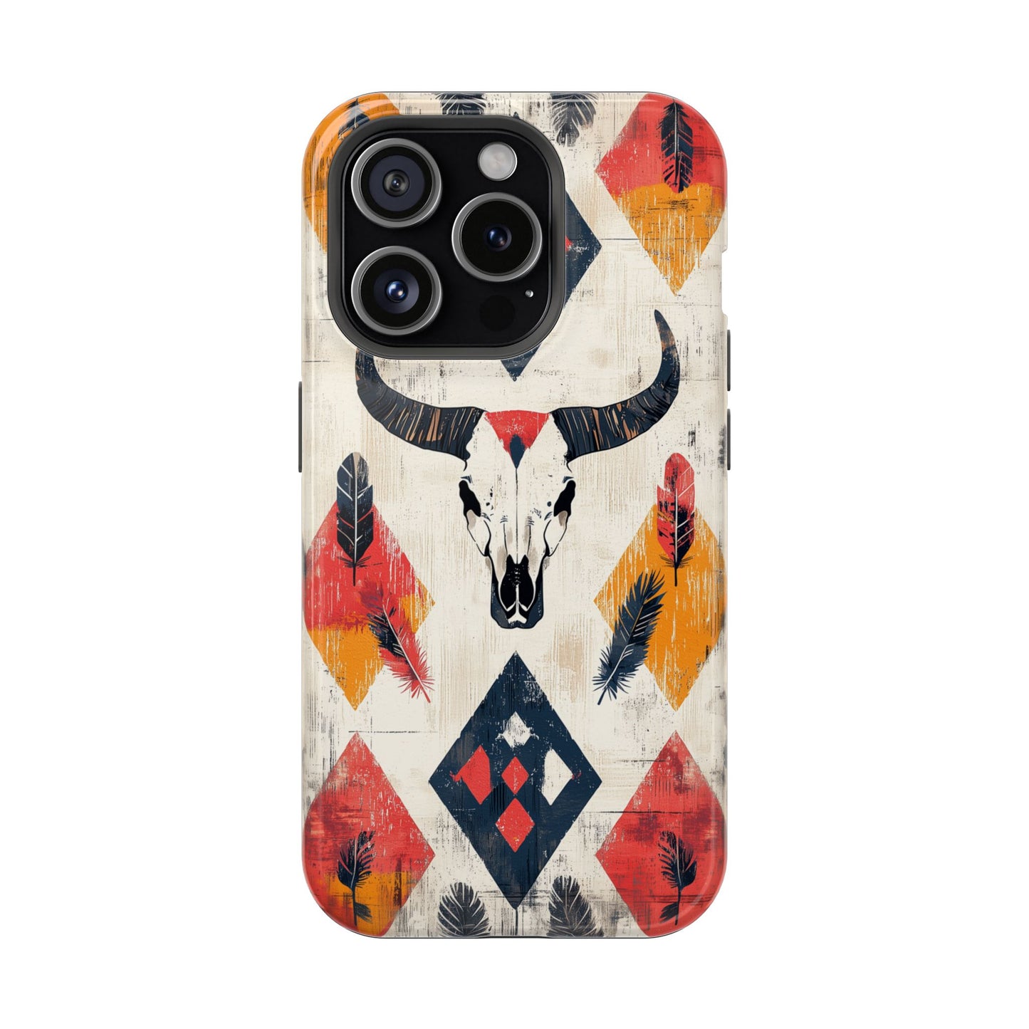 Western Bull Skull & Feathers Tough Mag Safe iPhone Case – Bold Tribal Design, Dual-Layer Protection