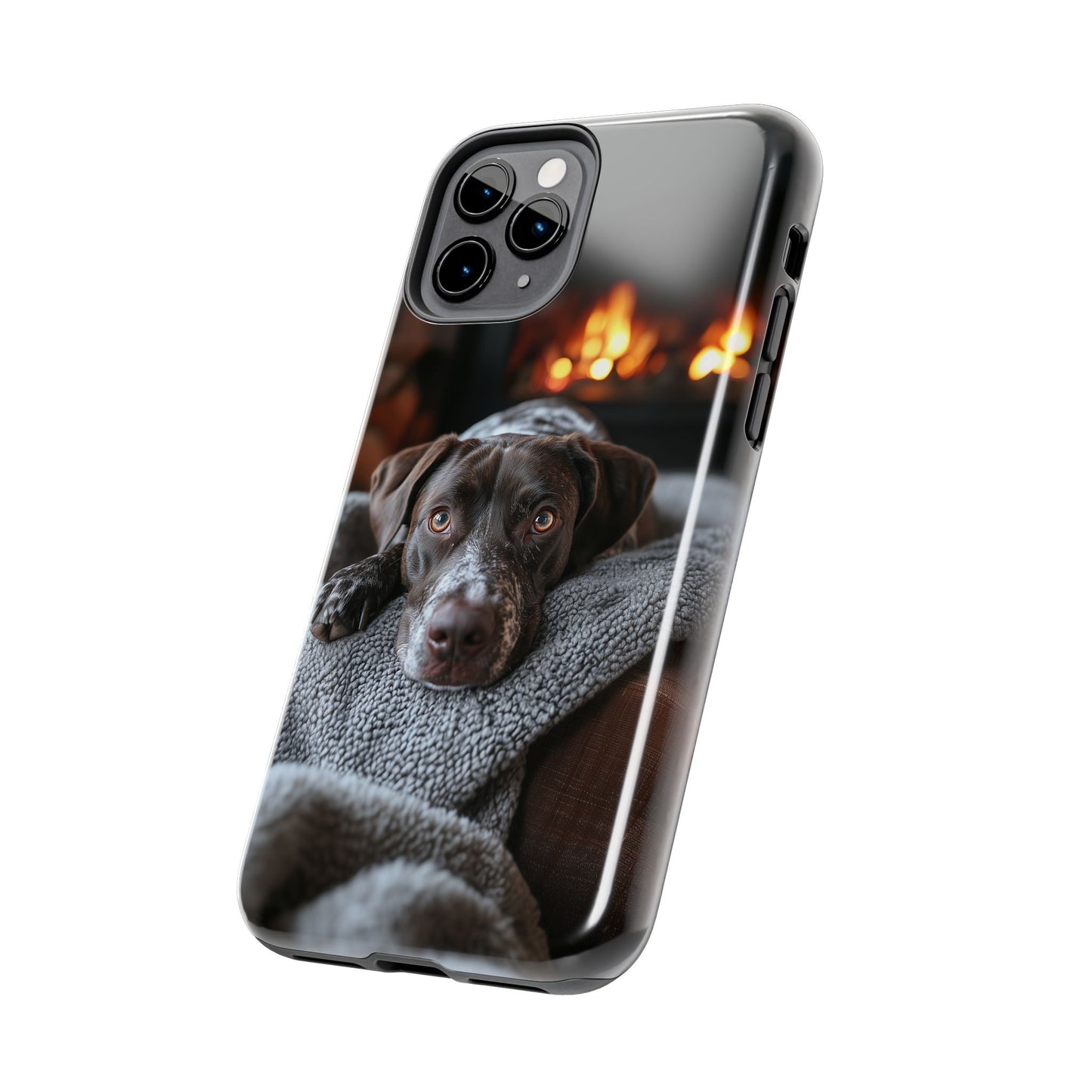 Cozy German Shorthaired Pointer iPhone Case – Rustic Fireplace Protective Cover