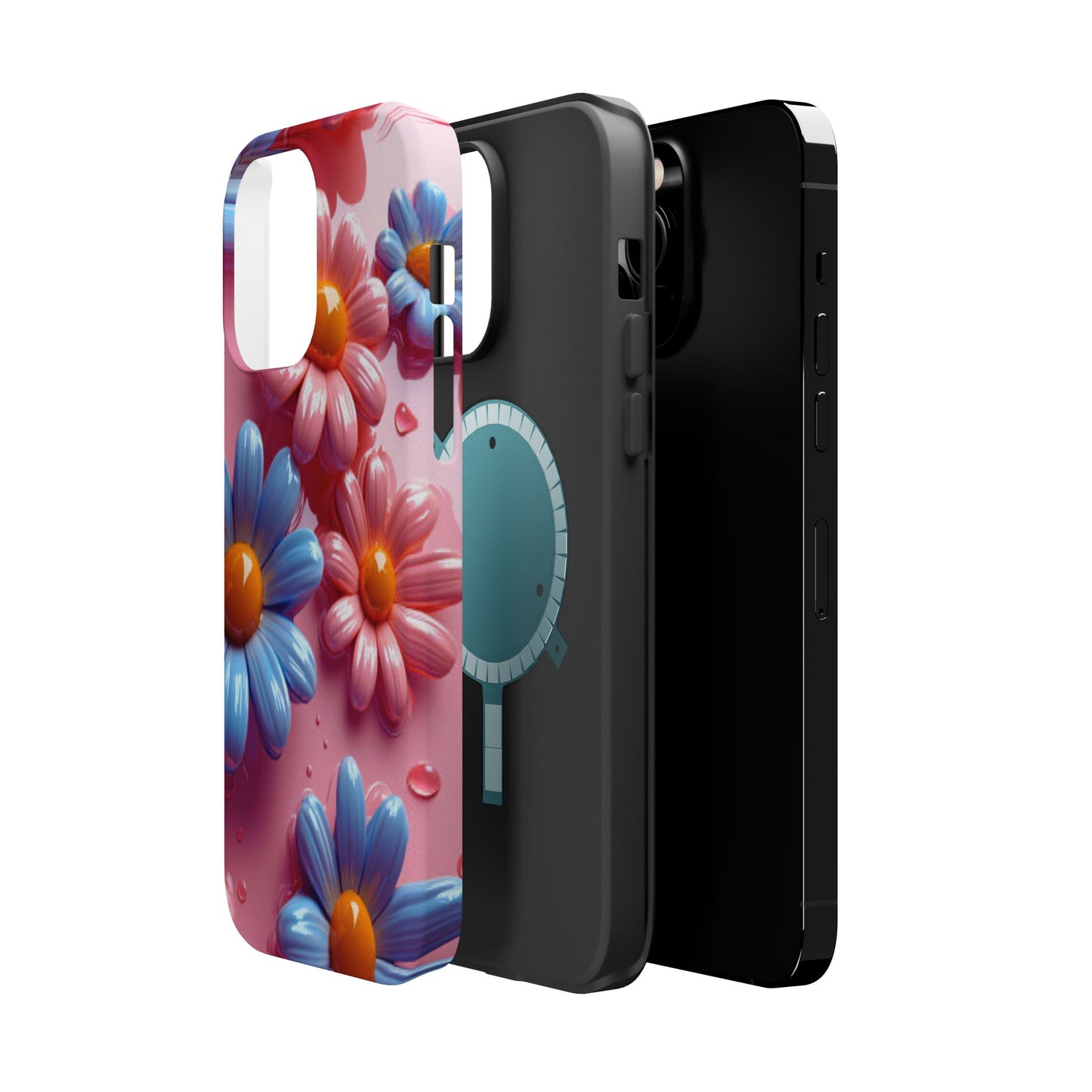 Pastel Daisy 3D MagSafe iPhone Case – Glossy Pink and Blue Floral Design, Full Protection