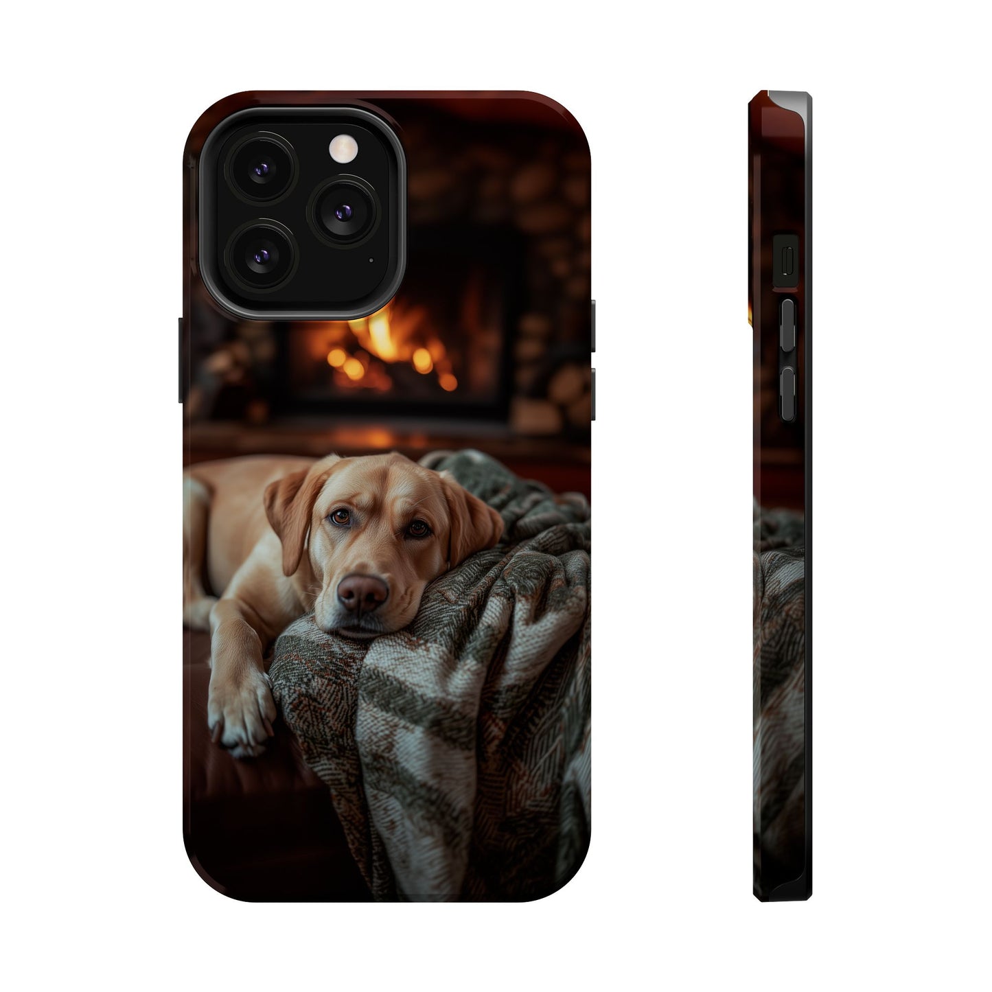 Cozy Labrador by Fireplace MagSafe iPhone Case – Rustic Cabin Protective Cover