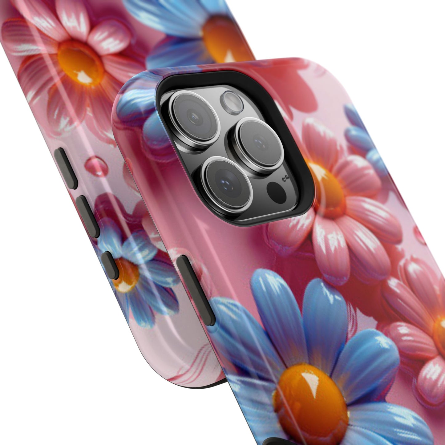 Pastel Daisy 3D MagSafe iPhone Case – Glossy Pink and Blue Floral Design, Full Protection