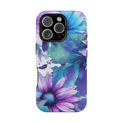 Purple & Teal Watercolor Floral MagSafe iPhone Case - Artistic Flower Design