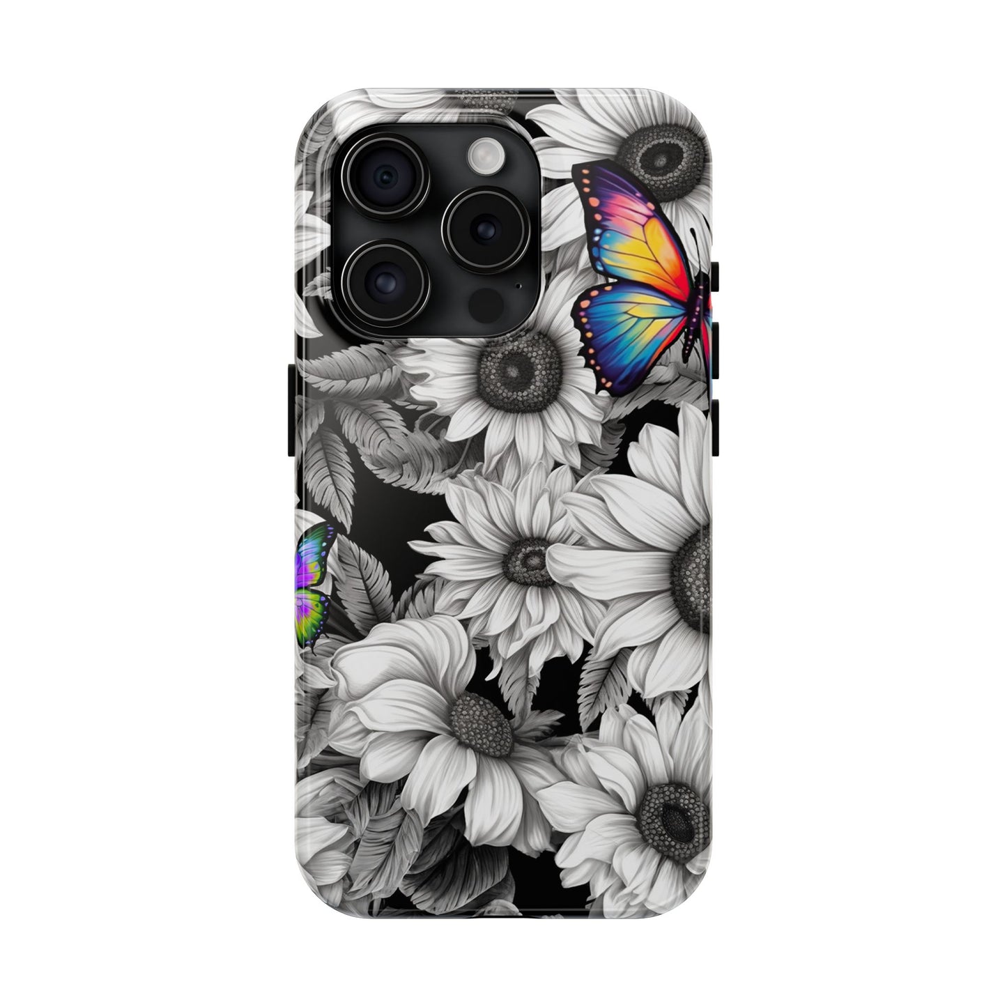 Rainbow Butterflies & Monochrome Sunflowers – iPhone Case