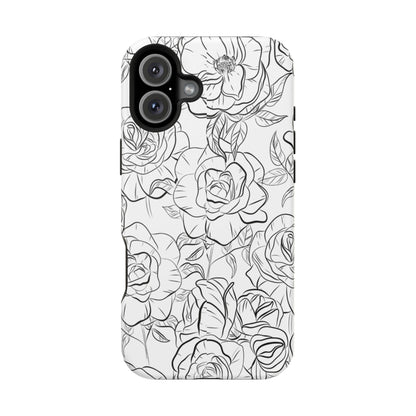 Monochrome Rose Garden Tough MagSafe iPhone Case – Elegant Floral Line Art with Dual-Layer Protection