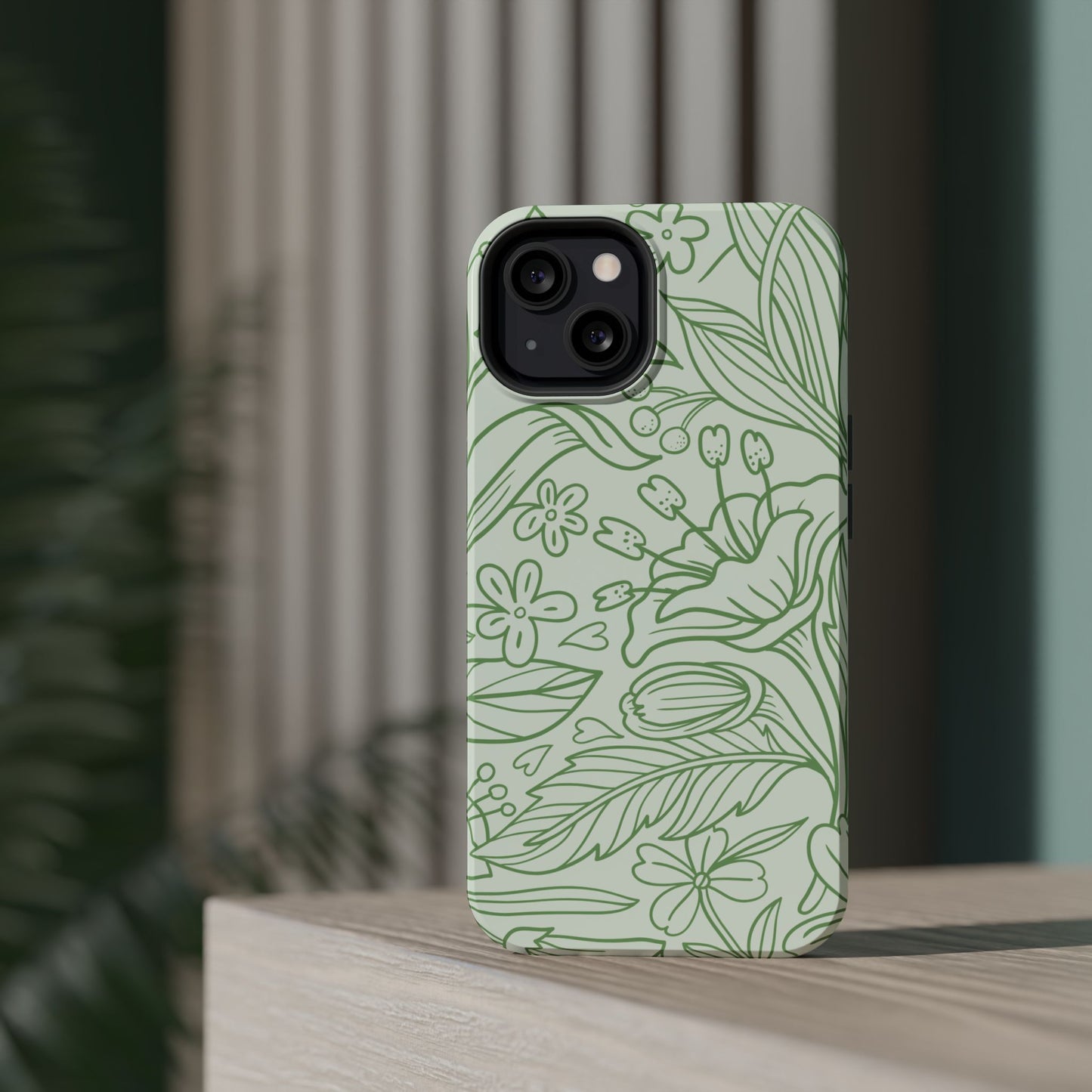 Sage Green Floral Line Art Tough MagSafe iPhone Case – Minimalist Botanical Design with Dual-Layer Protection