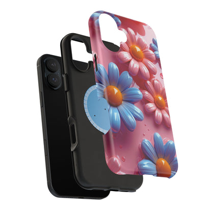 Pastel Daisy 3D MagSafe iPhone Case – Glossy Pink and Blue Floral Design, Full Protection