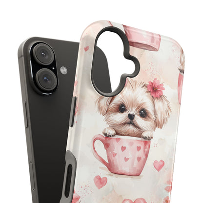 Floral Puppy in Teacup MagSafe iPhone Case – Cute Pink Flower Design, Tough Dual-Layer Protection