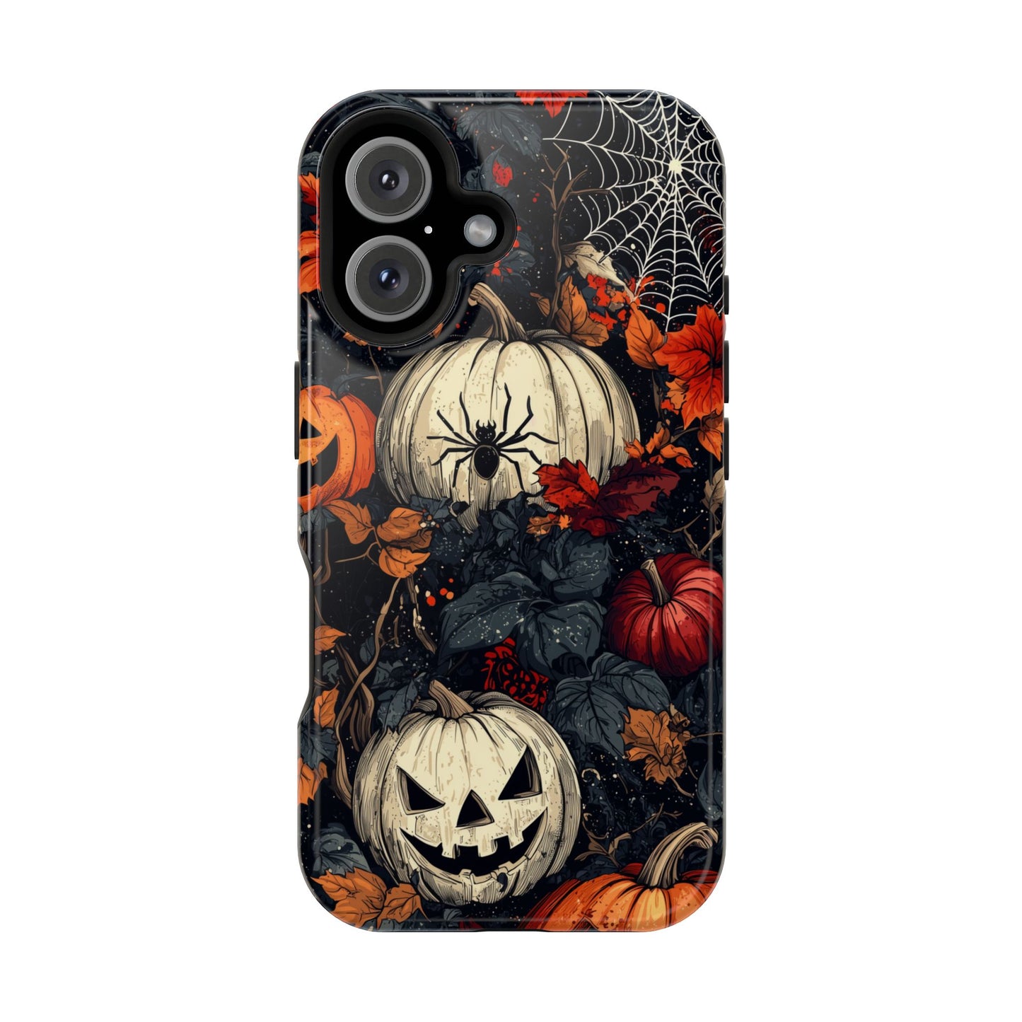 Hauntingly Elegant Halloween MagSafe iPhone Case – Pumpkins, Spiders, and Autumn Leaves Design