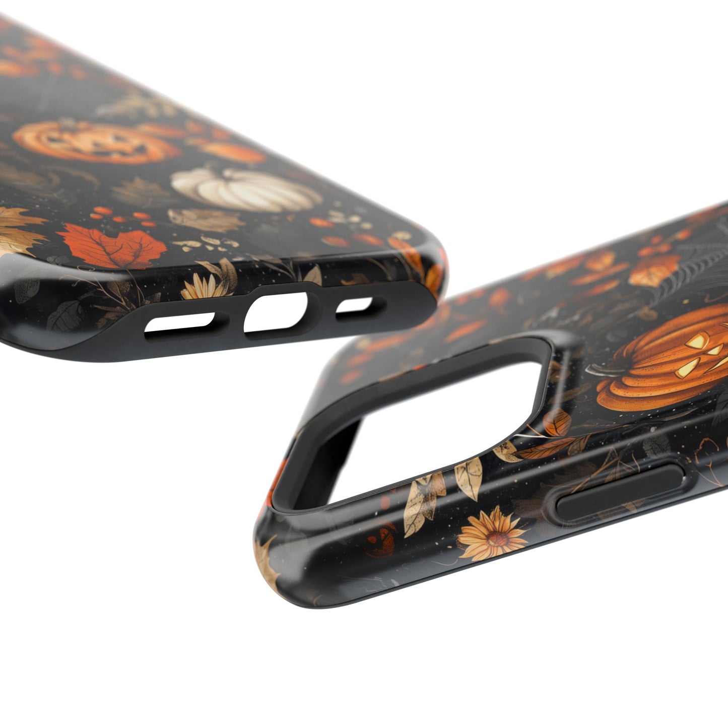 Elegant Halloween MagSafe iPhone Case – Pumpkin Jack-o'-Lanterns, Cobwebs & Autumn Foliage Design