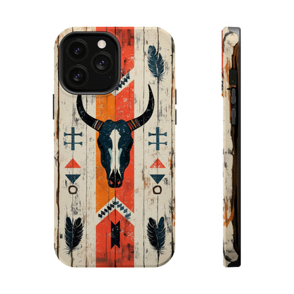 Rustic Western Bull Skull Tough MagSafe iPhone Case – Distressed Wood Design, Dual-Layer Protection