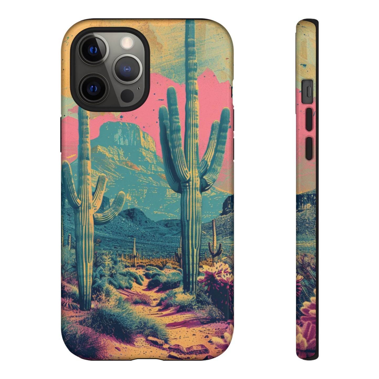 Desert Oasis Retro Cactus Phone Case - Vibrant Sunset Landscape for iPhone 15/14/13/12, Samsung S24/S23/S22/S21, & Google Pixel