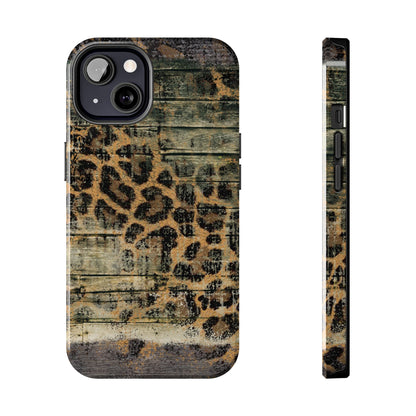 Rustic Wood and Leopard Print Tough iPhone Case – Distressed Western Design with Dual-Layer Protection