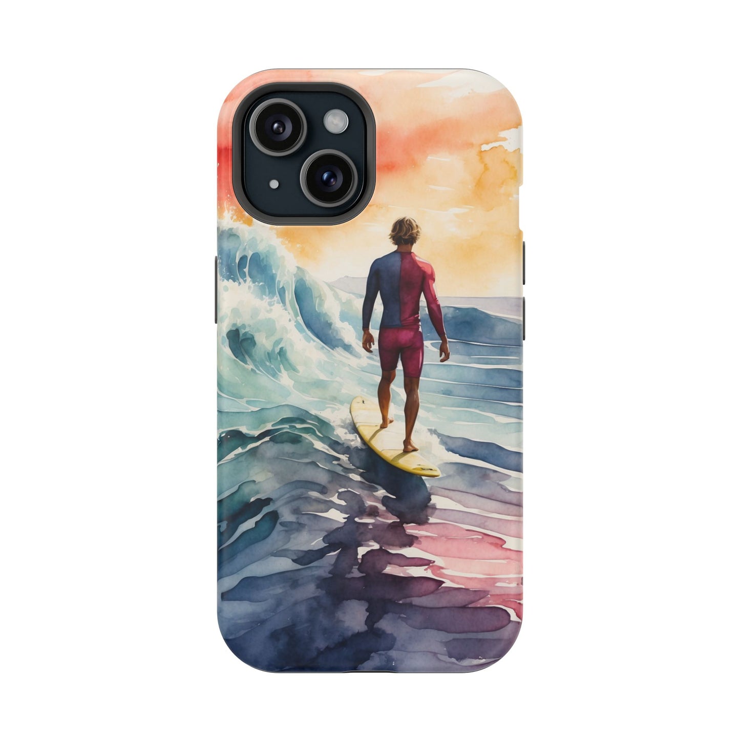 Surfer’s Sunset Wave MagSafe iPhone Case – Vibrant Watercolor Design