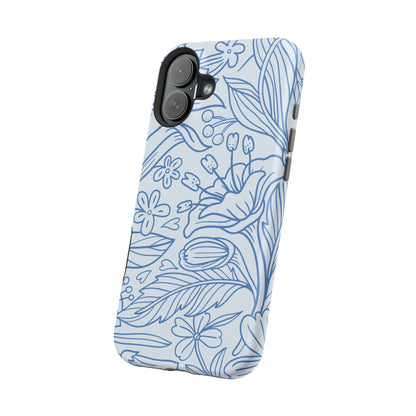 Dusty Blue Floral Line Art Tough MagSafe iPhone Case – Minimalist Botanical Design with Dual-Layer Protection