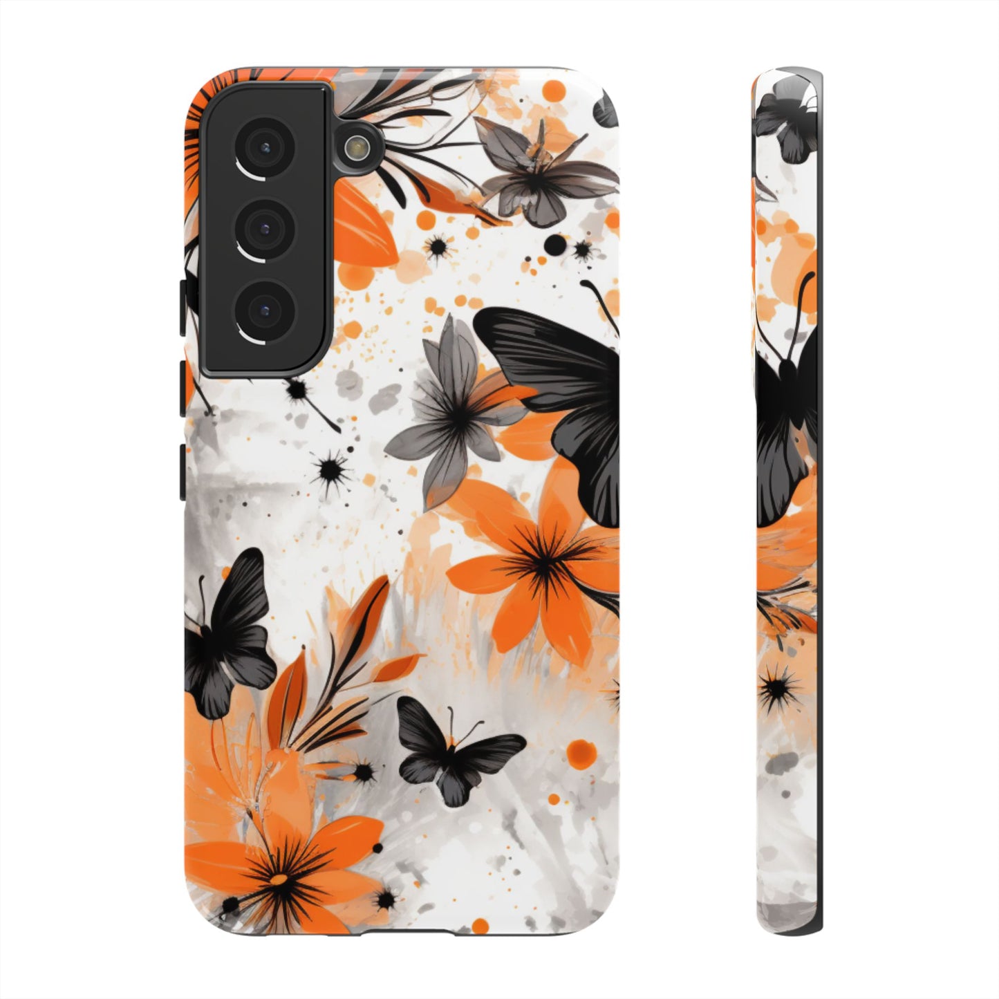 Orange Blossom & Black Butterfly Samsung Galaxy Case – Bold Floral Pattern with Modern Abstract Style