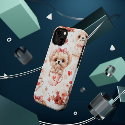 Puppies & Heart Mugs MagSafe iPhone Case – Sweet Dog & Floral Design, Shockproof & Slim