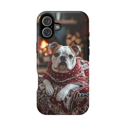 Cozy Bulldog in Sweater MagSafe iPhone Case – Festive Fireplace Protective Cover