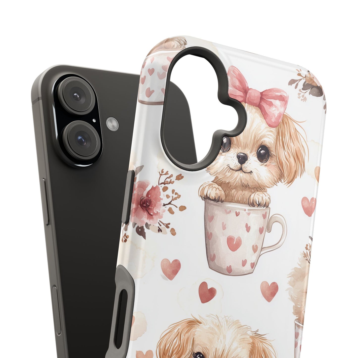 Cute Puppies in Heart MagSafe iPhone Case – Adorable Dog & Floral Design, Shockproof & Slim