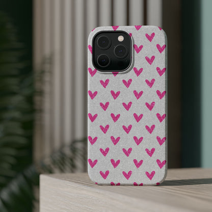 Pink Hearts on Glitter Silver – MagSafe iPhone Case