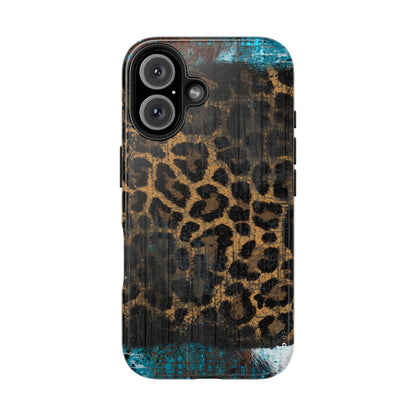 Boho Leopard and Turquoise Tough iPhone Case – Rustic Western Design with Dual-Layer Protection