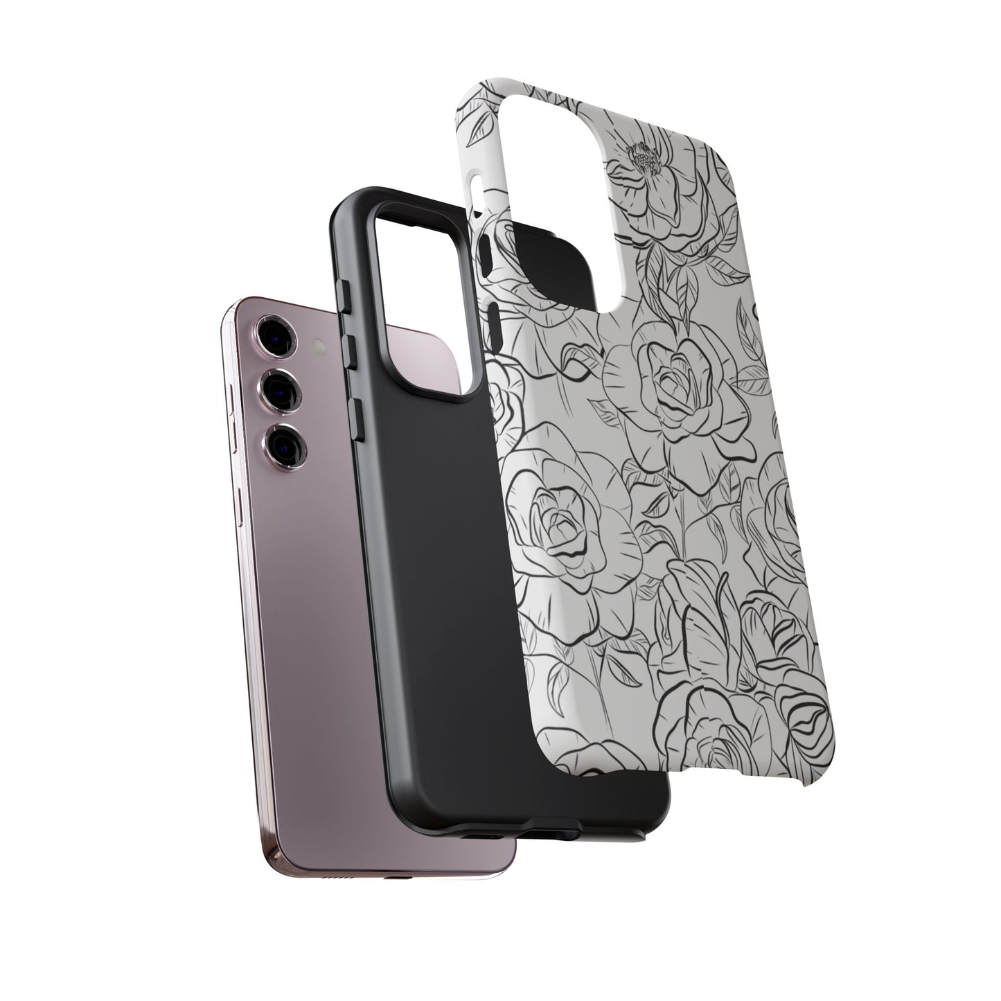 Monochrome Rose Garden Tough Samsung Galaxy Case – Elegant Floral Line Art with Dual-Layer Protection